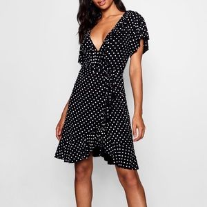 Petite polka dot mini wrap dress